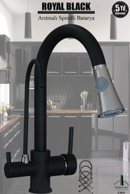 Resim tesitay Arıtmalı Spiralli Mutfak Bataryası Siyah Renk Pirinç Arıtmalı Spiralli Musluk Armatür Üç Yollu Eviye 