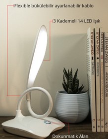 Resim Raicon Masa Üstü Şarjlı 3 Kademeli 14 Led Dokunmatik Bükülebilir Beyaz Kitap Okuma Işığı 