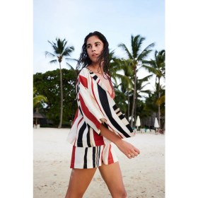 Resim Shay Striped Etnik Desen V Yaka Oversize Kimono 