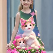 Resim Kızlar İçin Sevimli Pembe Kedi Elbise - Çiçek Desenli Kolsuz Yazlık Kıyafet Doğum Günleri ve Cosplay İçin, Polyester Kumaş, Elde Yıkanabilir 