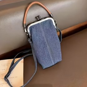 Resim Vintage Kadın Çapraz Telefon Çantası - Açık Mavi/Mavi Günlük Kullanım İçin Twist Kilitli, Çıkarılabilir Askılı ve Para Cebi Olan Katlanabilir Omuz Çantası, Minimalist Tasarım, Sağlam Dikişler, Pratik Alışveriş Aksesuarı 