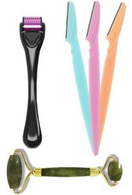 Resim QNİAY 3 Lü Set Dermaroller Iğneli Cilt Yenileme Aleti + Yeşim Taşı Masaj Aleti + 3 Lü Kaş Usturası 