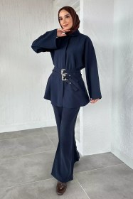Resim Bel Çift Kemerli Tunik Pantolon Tesettür İkili Takım Lacivert TZL-P-00020587 