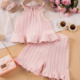 Resim Kızlar Moda Düz Renk Askılı Dalgalı Çizgili Düz Renk Şort Takımı, Dış Mekan için Mükemmel 