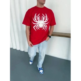 Resim Marsilyan Erkek Örümcek Baskılı Tişört Kısa Kollu Bisiklet Yaka T-Shirt - Kırmızı 
