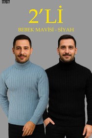 Resim Erkek Fitilli Triko Kazak 2li Set Bebek Mavisi Siyah Regular Balıkcı Yaka Tam Boğazlı Triko Seti Modeli Kazak 