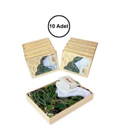 Resim 10 Adet İsme Özel Kutulu Mevlüt Seti Ravza Seccade,tesbih,esans,takke,örtü Çeyizlik Set Sarı 