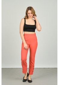 Resim Fa Pantolon Kadın Paçaları Düğmeli Dar Kalıp Pantolon 6001 Mercan 