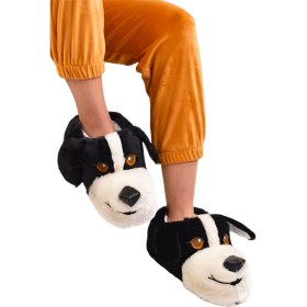 Resim Liger Unisex Sevimli Köpek Figürlü Kadın Panduf Siyah Renk Kaymaz ve Ses Yapmaz Taban 