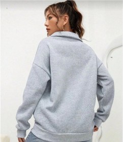 Resim Unisex Uzun Kol Yarım Farmuarlı Yakalı Basic Sweatshirt - Gri Gri 