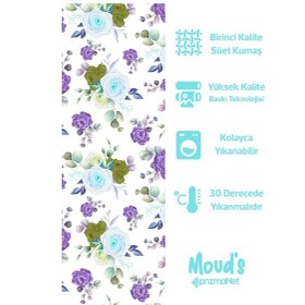 Resim Lila Mavi Gül Desenli Baskılı Süet Runner Masa Örtüsü 