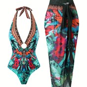 Resim Kadınlar için Kelebek Baskılı Tek Parça Mayo ve Eşleşen Sarong Etek Takımı - Esnek, Çıkarılabilir Pedler, Makinede Yıkanabilir 