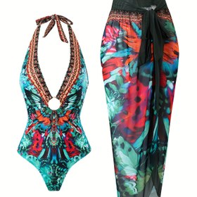 Resim Kadınlar için Kelebek Baskılı Tek Parça Mayo ve Eşleşen Sarong Etek Takımı - Esnek, Çıkarılabilir Pedler, Makinede Yıkanabilir 
