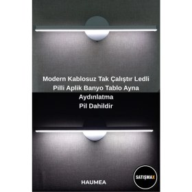 Resim PremiumPort Modern Kablosuz Ledli Tak Çalıştır Aplik, 50 Cm, Pilli, Banyo ve Tablo Aydınlatması 