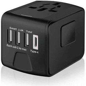 Resim Aubyhe Küresel Seyahat Enerji Adaptörü - 3.0a Usb-c + 2.4a Usb Portları, Evrensel Ac Soketi İle Siyah 