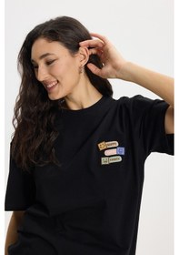 Resim Tudors Kadın Oversize Geniş Kesim Pamuk Bisiklet Yaka Baskılı Siyah Tişört -50388 L 