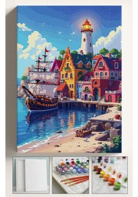Resim Sayılarla Boyama Çerçeveli Hobi Seti Numaralı Tuval Fırça Boya Dahil Kasnaklı 40x50 Cm Liman Manzara 