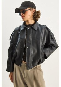 Resim Shade Kadın Apolet Detaylı Cepli Oversize Suni Deri Bomber Ceket 1055 60283650 - Siyah 