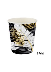 Resim Roll Up Karton Bardak Altın Simli Yapraklar Siyah 8'li 