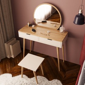 Resim Bimossa V10 Lucy Tabureli Makyaj Masası - Meşe - Kumtaşı 