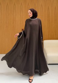 Resim Taş Detaylı içlik Elbise Panço Abaya Kahverengi - 42 / Kahverengi 