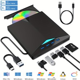 Resim 4 USB Portlu ve Çift TF/SD Kart Okuyuculu 7'si 1 Arada USB 3.0 Harici DVD Sürücü - Laptoplar, Mac'ler, PC'ler için Yüksek Hızlı CD/DVD Yazıcı - Windows 11/10/8/7 & Linux ile Uyumlu, Çoklu Medya Cihazı | Modern Teknoloji Aksesuarı | Yüksek Hız Bağlantısı 