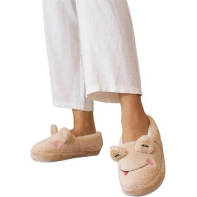 Resim Liger Kışlık Kadın Panduf Ev Ayakkabısı | Kurbağa Figürlü | Kaydırmaz Taban Bej 