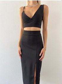 Resim Hgfashion V Yaka Crop Yüksek Bel Yırtmaçlı Midi Etek Duarte Kadın Siyah İkili Takım Siyah 