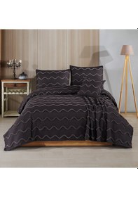 Resim Çift Kişilik Yatak Örtüsü Takımı 240x240 Cm + 2 Yastık Kılıfı + 1 Kırlent Kılıfı Antrasit Gri 