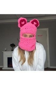 Resim Linka Knit Kalpli Kulak Pembe Ayı Kar Maskesi, Kışlık Balaklava, Tavşan Kulaklı Maske 