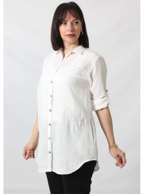 Resim Moda Berray Bb-092 Beyaz Gümüş Yaldızlı Güneş Desenli Kolu Apoletli Yandan Cepli Tunik Gömlek Kadın Büyük Beden Beyaz 