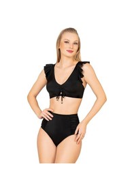 Resim Endeep Kadın Fırfırlı İp Detaylı Yüksek Bel Bikini Takımı Siyah 