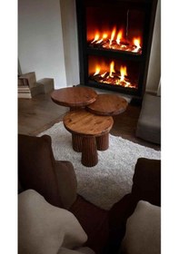 Resim Şık Meşe Renk Masif Ahşap Mantar Sehpa 3 Lü Doğal Fiskos Ve Zigon Seti - Coffee Table Meşe 