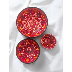 Resim Dekoratif 3 Adet Kırmızı Lale Çini Tasarımlı Tamamen El Yapımı Çerezlik-Sosluk-Kahvaltılık 