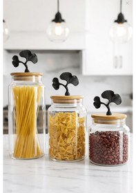 Resim 3'lü Bambu Kapaklı Mat Siyah Ginkgo Figürlü Şeffaf Cam Kavanoz Cam Saklama Kabı 635/890/1400ml Çok renkli 