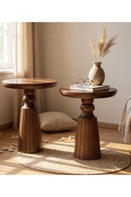 Resim ASELYA HOME Doğal Ahşap 2’li Set Mantar Yan Sehpa Modern Fiskos Zigon Çiçeklik 