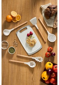 Resim Karaca Massimo Kesme Tahtası ve Servis Setli 12 Parça Bıçak Seti Krem 