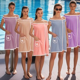 Resim Kadınlar için Yumuşak ve Emici Mercan Polar Banyo Bornozu, Kurdele Cebi ile - Lüks Mor Havlu Etek, Ev Konforu için Mükemmel, Süper Emici Polyester Kumaş, Bohem Tarzı, Ev Konforu Giyim | Bohem Tarzı Bornoz | Polyester Banyo Bornozu 