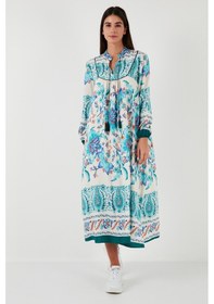 Resim Lela Modest Desenli Regular Fit Bağlamalı V Yaka Maxi Bayan Elbise 611El510 Yeşil 