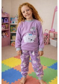 Resim Kız Çocuk Kadife Polar Desenli Pijama Takımı 1680 Lila Lila 