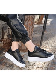 Resim pabucmarketi Siyah Suni Deri Beyaz Tabanlı Bağcıklı Kadın Sneaker Ayakkabı 