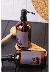 Resim 2'li Amber Cam Sıvı Sabunluk Seti Standlı Gri Etiketli 
