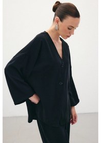 Resim Düğmeli Kimono - Siyah Siyah 