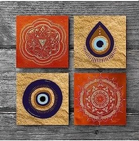 Resim Nazar, Sri Yantra, Mandala Taş Bardak Altlığı Seti - 4 Parça - Dekoratif, Rustik Mutfak Aksesuarı, 10x10 cm, Kaydırmaz Tabanlı, Şık ve Dayanıklı SC521 