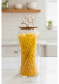 Resim 1400 Ml Borosilikat Cam Kavanoz - Gümüş Mercan Figür Bambu Kapaklı Lüks Saklama Kabı Şeffaf 