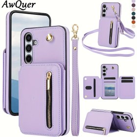 Resim AWQUER Galaxy A55 A15 A54 A14 A73 A53 A13 A72 A52 A12 A71 A51 4G 5G için Sahte Deri Çapraz Vücut Cüzdan Kılıfı, Bilek Kayışı ve Kart Yuvası ile RFID Engelleme Telefon Çantası 