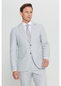 Resim Erkek Grı Slim Fit Dar Kesim Mono Yaka Kapak Cepli Desenli Esnek Takım Elbise Grı 