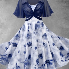 Resim Elegant Court Style Kadın Elbise Seti, Çiçek Desenli Elbise ve Deniz Blazer ile, Bahar/Yaz için Vintage İki Parça Kıyafet, Çiçek Desenli Elbise|Vintage İki Parça Set|Ruffled Sleeve To 