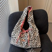 Resim Kadınlar için şık leopar desenli kanvas çanta - Büyük kapasiteli, moda omuz çantası, bow detaylı, mükemmel ve işe gitmek için, elde yıkanabilir veya kuru temizlenebilir, işe gitmek için omuz çantası | Trendy Tote | Sağlam Saplı Çanta 