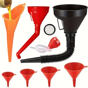 Resim 8 Parça Araba veya Motosiklet Huni Seti - Geniş Ağızlı Yakıt Hunisi - Plastik Uzun Boyunlu Esnek Dik Açılı Huni - Çıkarılabilir Nozul ve Filtreli - Su/Benzin/Suw Gazı/Motor Yağı İçin Uygun - Arabaya Özel Hediye 